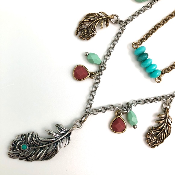 🎉HP🎉 LUCKY BRAND Faux Turquoise Silver Tone Feather Charm Necklace 18" NEW! - Picture 6 of 13